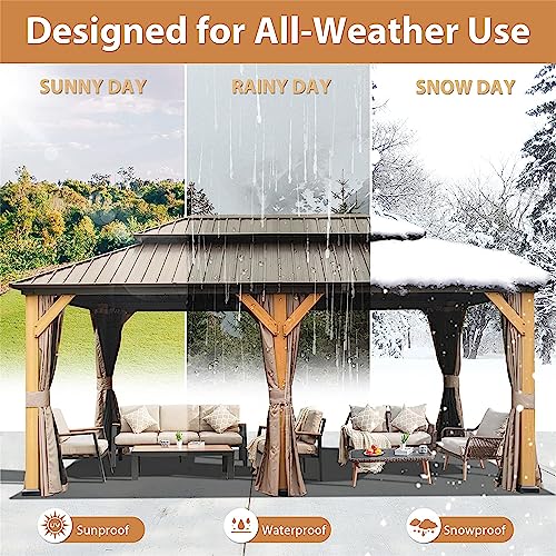 LOPOO Hardtop Gazebo Outdoor Cedar Wood Frame Canopy with Curtain & Netting Brown