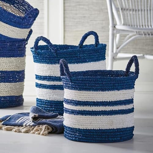MY SWANKY HOME Coastal Blue White Stripe Tall Hamper Tote Baskets Set of 2