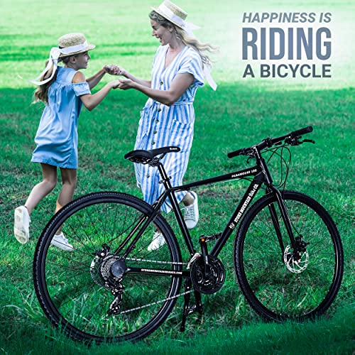 5Seconds Hybrid Bicycle Paramount 100 Mountain Bike for Men Women 21-Speed Lightweight Aluminum Alloy Frame Adult Bike with Trigger Shifters and Mechanical Disc Brakes Black