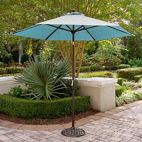 Hanover 5-Piece Traditions 48" Cast-Top Aluminum Patio Dining Set with Cushioned Chairs and Umbrella Stand Blue