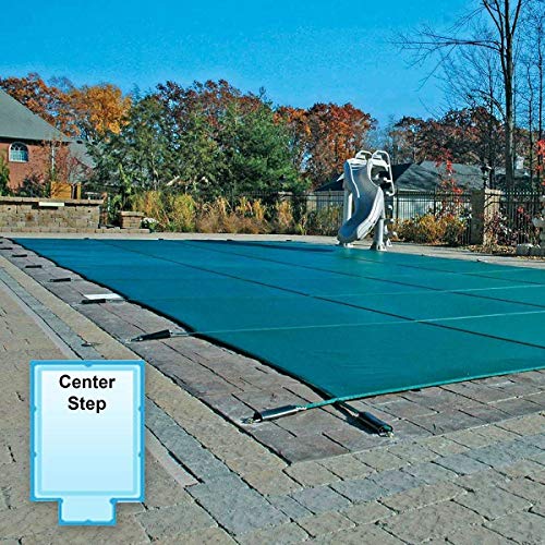GLI Pool Products Secur-A-Pool 16x32 FT Rectangular Mesh Safety Cover System with 4x8 FT Center End Step Green