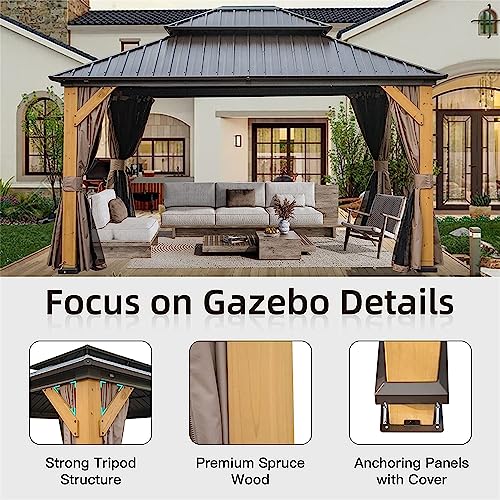NicBex 12'x14' Hardtop Gazebo Outdoor Cedar Wood Frame with Steel Double Roof Brown
