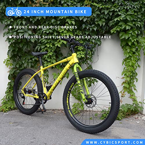 Generic 26 Inch Mountain Bike Men's Fat Tire Bicycle 26-Inch Wheels 3-Inch Wide Tire 7-Speed Steel Frame Double Disc Brake Yellow
