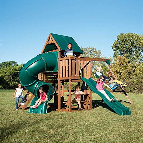 Swing-N-Slide Tellico Terrace Wood Swing Set with Slides, Climbing Wall & Swings Brown
