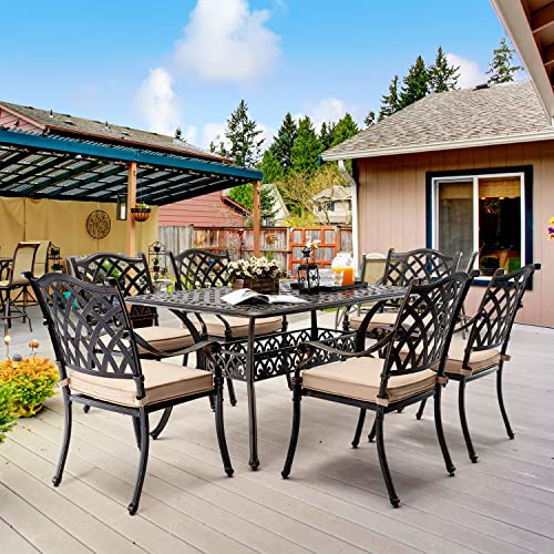 Ailismail 7-Piece Outdoor Dining Set Cast Aluminum Retro Patio Dining Set for 6 with 59” Table, 6 Chairs, Thicker Cushion, and Umbrella Hole Bronze