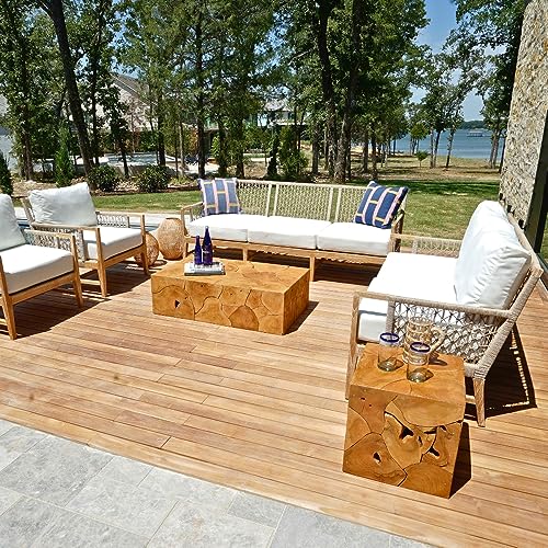 Posh Pollen Premium Grade-A Teak Wood Outdoor Loveseat Sofa with Woven Rope White