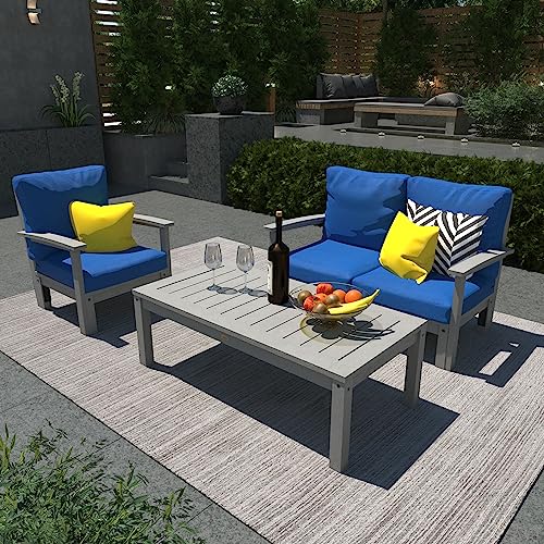 Highwood Bespoke Deep Seating Loveseat, Chair & Conversation Table Cobalt Blue / Coastal Teak