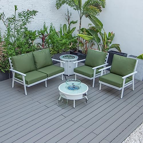 LeisureMod Walbrooke Modern Aluminum 5-Piece Patio Conversation Set with Firepit Table Green