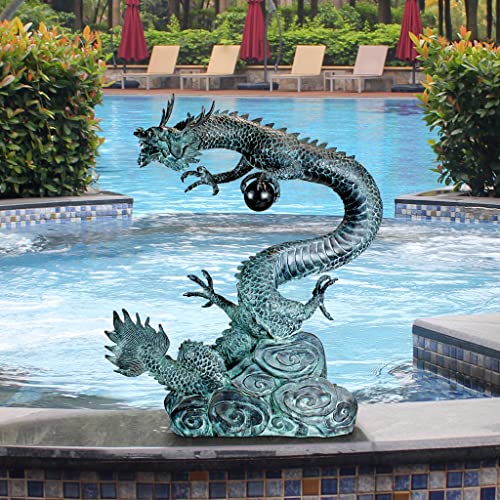 Design Toscano Dragon with Oriental Power Orb Bronze Garden Statue Two Tone Bronze & Verdigris