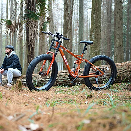 Viribus Fat Tire Bike Mens Mountain Bike Full Suspension Shimano 21 Speed Aluminium Alloy Frame 26" MTB Adult Bike Orange