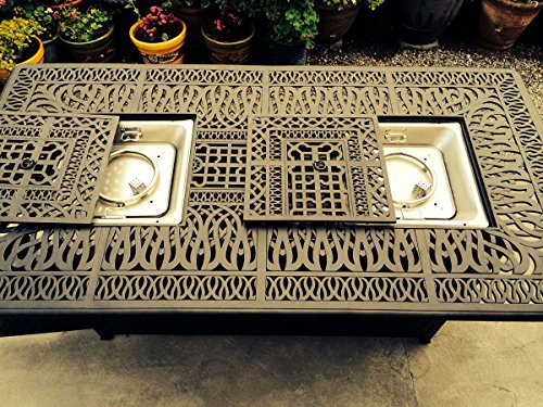 Sunvuepatio 9 Piece Outdoor Dining Set Elisabeth Cast Aluminum Fire Pit Table with Umbrella Hole Desert Bronze