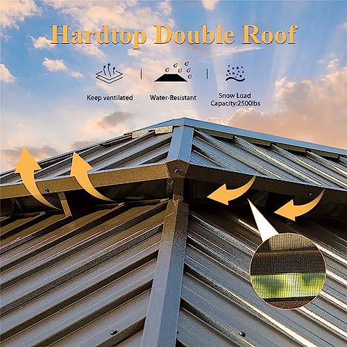 LOPOO Hardtop Gazebo with Curtains & Netting - Aluminum Frame Pavilion with Steel Double Roof Canopy for Patio, Backyard, Lawn, Garden - Brown 12ft x 16ft