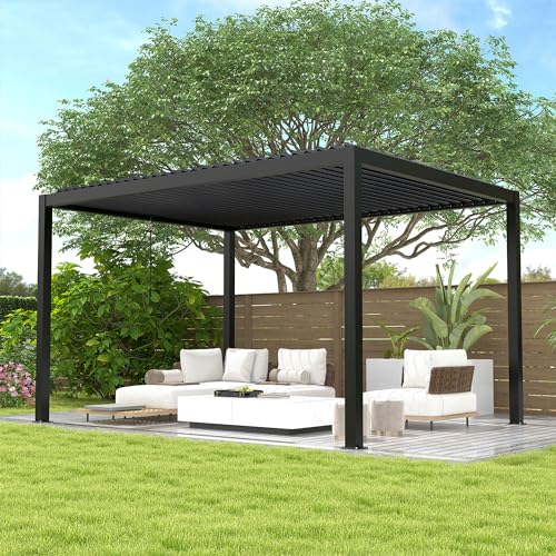 Kaimei 10x13FT Aluminum Pergola with Adjustable Louvered Roof Black