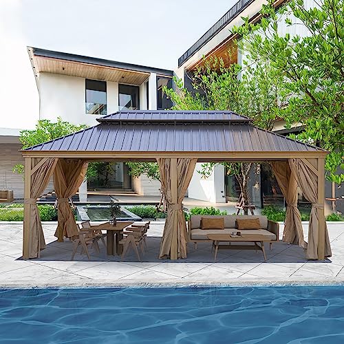 Endark 12x20FT Hardtop Gazebo with Galvanized Steel Double Roof, Wood-Look Aluminum Frame, Netting & Curtains
