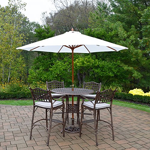 Oakland Living Elite Bar Set with Table, 4 Cushioned Stools, Umbrella & Stand Antique Bronze