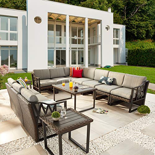 Festival Depot 13Pc All Weather Wicker Patio Conversation Set with Grey Cushions