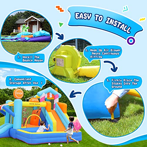 Doctor Dolphin Pink Inflatable Bounce House with Double Slide for Kids 2-12