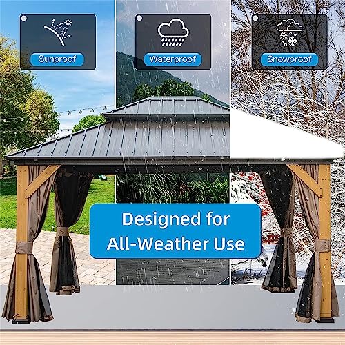 NicBex 12'x14' Hardtop Gazebo Outdoor Cedar Wood Frame with Steel Double Roof Brown