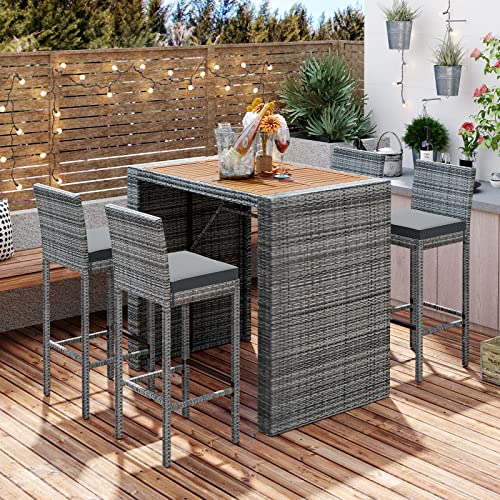 EPOFIT 5-Piece Wicker Outdoor Bar Set with 4 Cushioned Stools & Acacia Wood Table Grey
