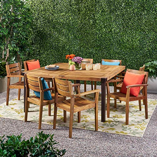 Great Deal Furniture GDFStudio Outdoor 8-Seater Acacia Wood Dining Set Teak Finish, Rustic Metal