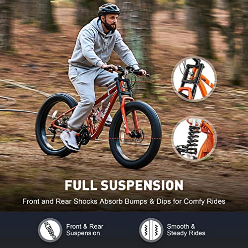 Viribus Fat Tire Bike Mens Mountain Bike Full Suspension Shimano 21 Speed Aluminium Alloy Frame 26" MTB Adult Bike Orange