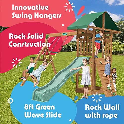Creative Playthings LTD. Rockland Swing Set with Climbing Wall, Swings & Slide Wood/Green