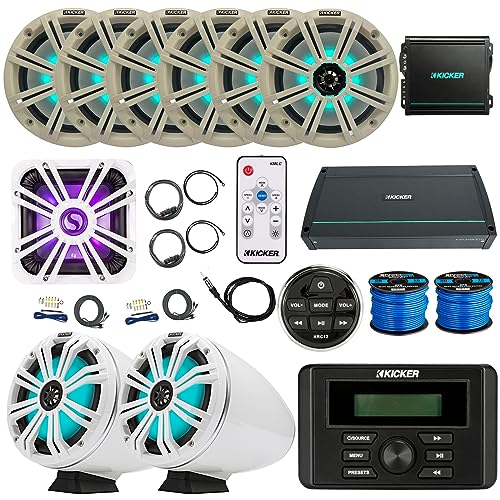 KICKER KMC3 Marine Bluetooth Receiver with 6x8" LED Boat Speakers, 2x8" LED Tower Speakers, 10" LED Subwoofer & Accessories