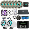 KICKER KMC3 Marine Bluetooth Receiver with 6x8" LED Boat Speakers, 2x8" LED Tower Speakers, 10" LED Subwoofer & Accessories