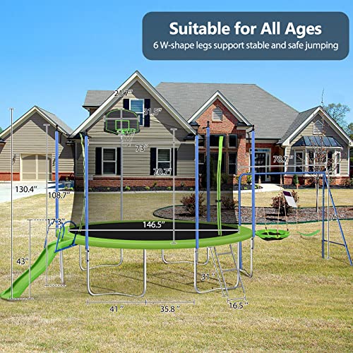 Lyromix 14FT Trampoline with Slide, Swings & Basketball Hoop, Green