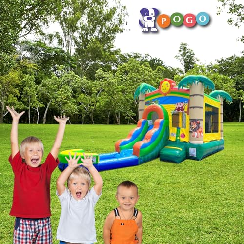 Pogo Bounce House Inflatable Tropical Smiley Castle Combo with Slide and Pool