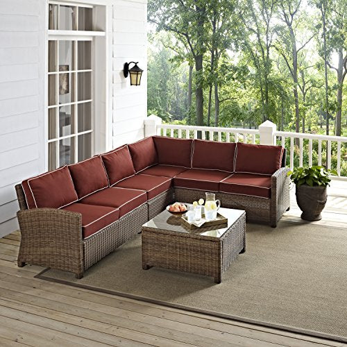 Crosley Furniture Bradenton 5-Piece Outdoor Sectional Sofa Set Brown with Sangria Cushions