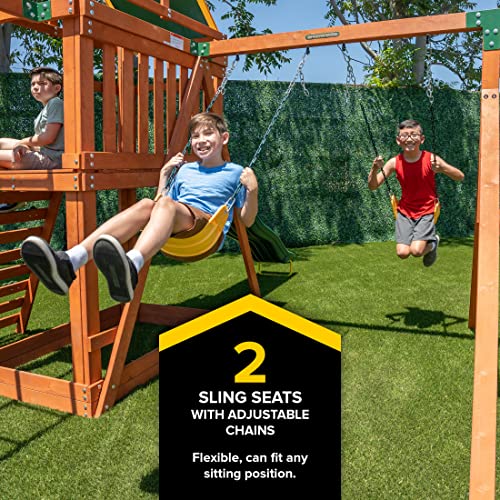 Sportspower Olympia Wood Swing Set with 3 Swings, Slide & Monkey Bars Natural/Green