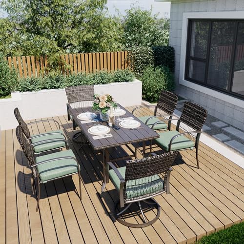 Pamapic 7 Piece Rattan Outdoor Dining Set with Iron Table and Swivel Chairs Green