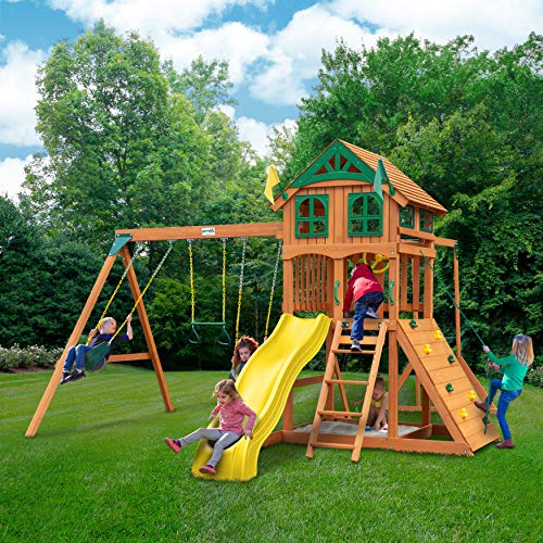Gorilla Playsets Outing Wood Swing Set with Roof & Monkey Bars Amber