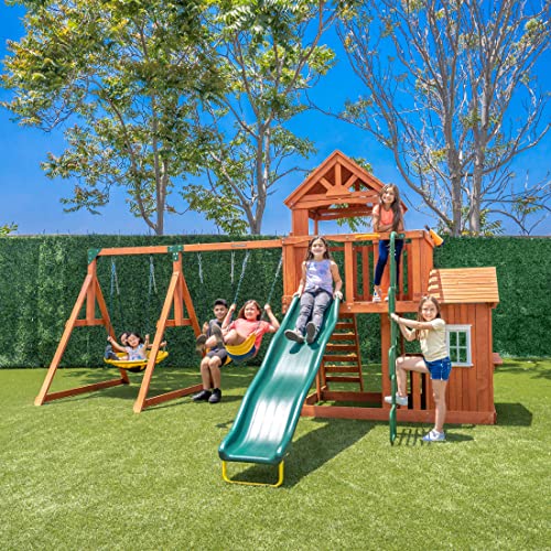 Sportspower Sandalwood Wood Swing Set with Swings, Slide & Playhouse Green