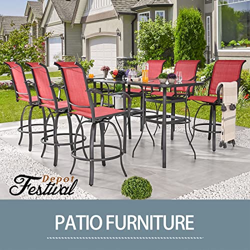 Festival Depot 9pcs Patio Dining Set Bar Height Swivel Bistro Chairs with Armrest and Tempered Glass Table Red
