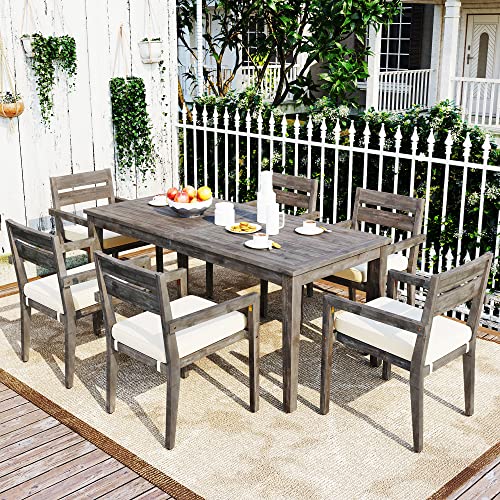 LOUHME 7-Piece Outdoor Patio Dining Table Set with Acacia Wood Table & Chairs Grey