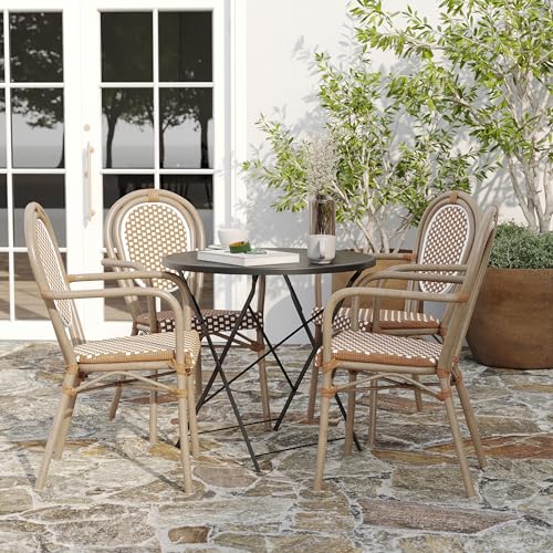 Merrick Lane Celia Indoor/Outdoor Bistro Stack Chair Set of Four Natural & White Rattan Light Natural Frame