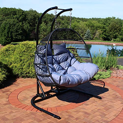 Sunnydaze Liza Egg Chair Loveseat Black Wicker Frame with Gray Cushions