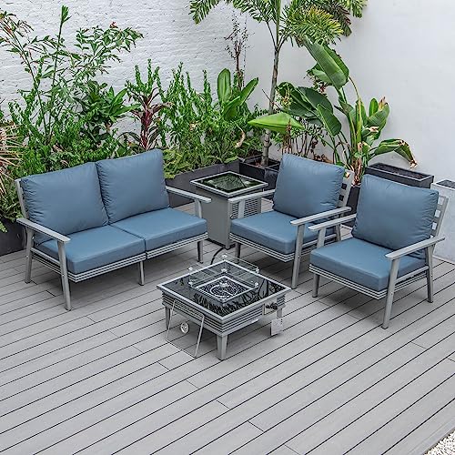 LeisureMod Walbrooke Modern Aluminum 5-Piece Patio Conversation Set with Fire Pit Table Navy Blue