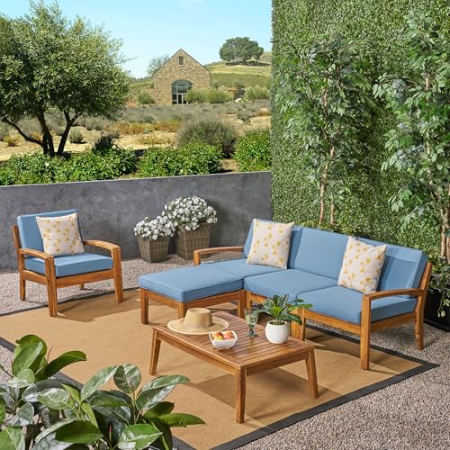 Christopher Knight Home Grena Outdoor Acacia Wood 4-Seater Sectional Set with Ottoman and Coffee Table Teak + Blue