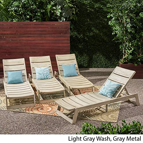 Great Deal Furniture GDFStudio Outdoor Acacia Wood Chaise Lounge Set of 4 Light Gray Wash, Gray Metal