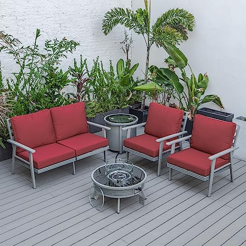 LeisureMod Walbrooke Modern Aluminum 5-Piece Patio Conversation Set with Fire Pit Table Red