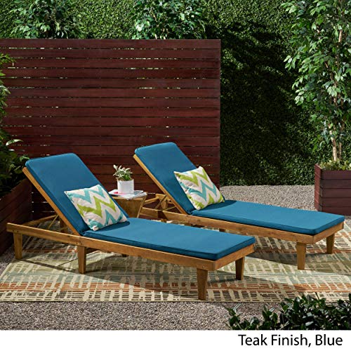 Great Deal Furniture Outdoor Modern Acacia Wood Chaise Lounge with Cushion Set of 2 Teak Finish Blue