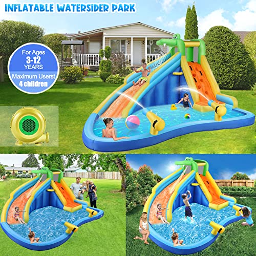 AKEYDIY Inflatable Water Slide Park with Splash Pool and Climbing Wall