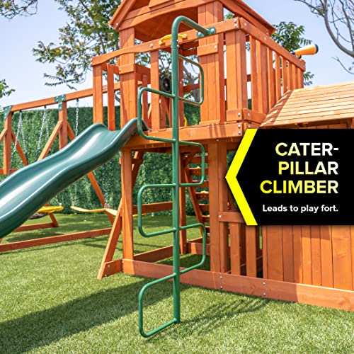 Sportspower Sandalwood Wood Swing Set with Swings, Slide & Playhouse Green