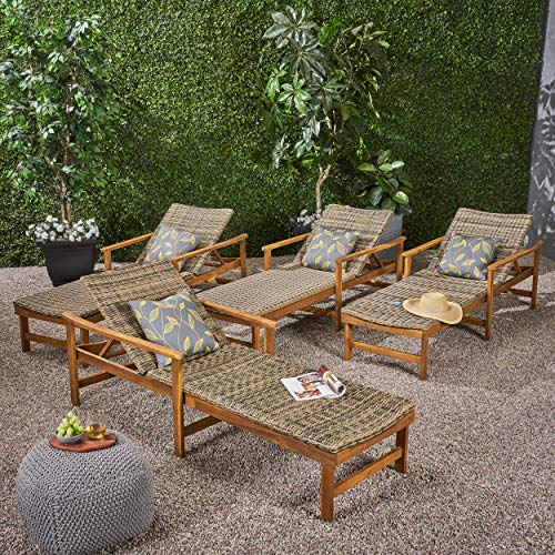 Great Deal Furniture Outdoor Rustic Acacia Wood Chaise Lounge Set of 4 Natural Stained + Mix Mocha