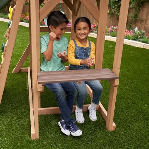 KidKraft Lawnmeadow Wooden Swing Set with Swings, Slide, Sandbox, Telescope, Rock Wall, Monkey Bars Brown