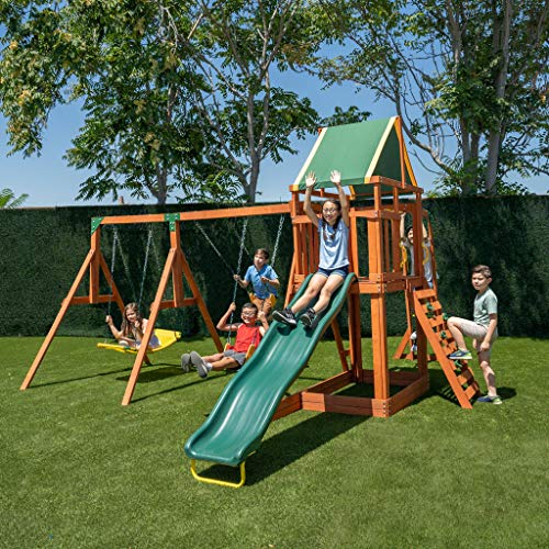 Sportspower Olympia Wood Swing Set with 3 Swings, Slide & Monkey Bars Natural/Green
