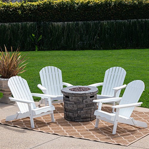Great Deal Furniture Outdoor 5 Piece Acacia Wood & Lightweight Concrete Adirondack Chair Set with Fire Pit Grey & White